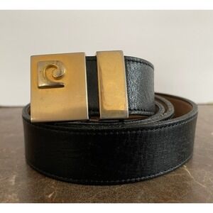 Vtg Pierre Cardin Mens Black Leather Belt Gold Silver Logo Buckle  Approx 36"